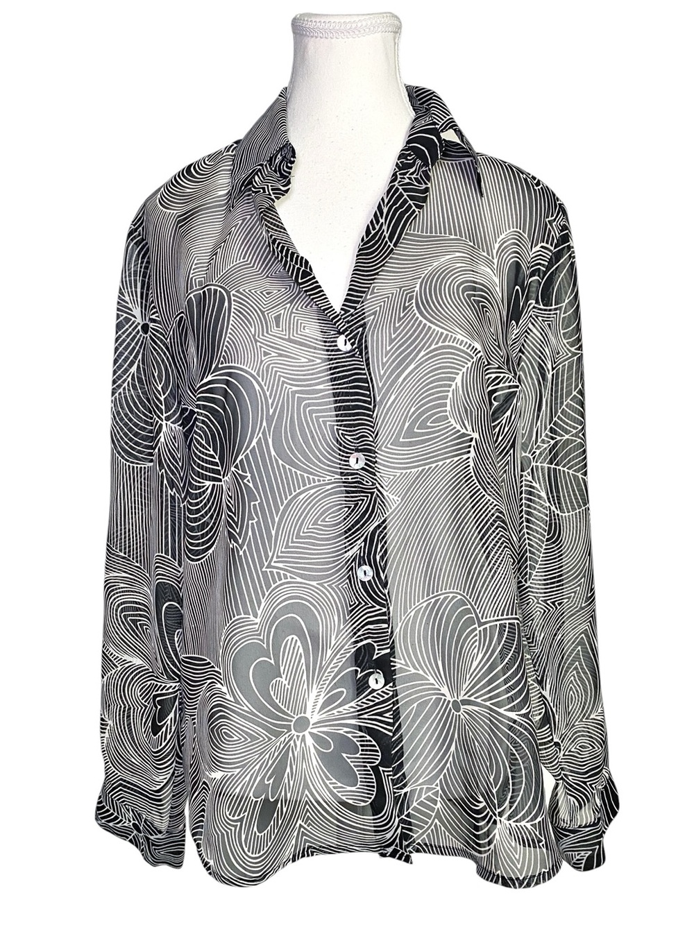 Impressions Vintage Black & White Sheer Abstract Floral Button Down Blouse